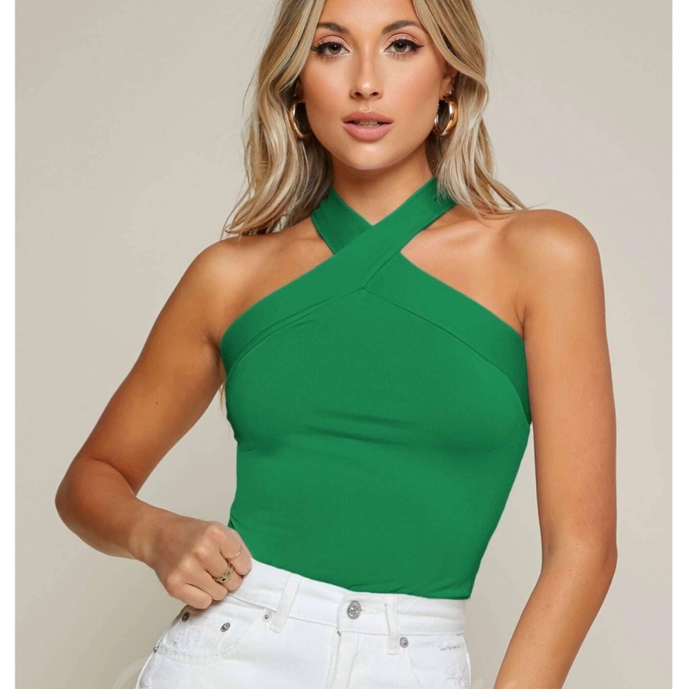 Green Halter Tank Top Criss Cross Slim Fit Stretchy